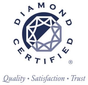 Logo of "diamond certified" featuring a stylized diamond graphic and the words "quality · satisfaction · trust" in insulation services.